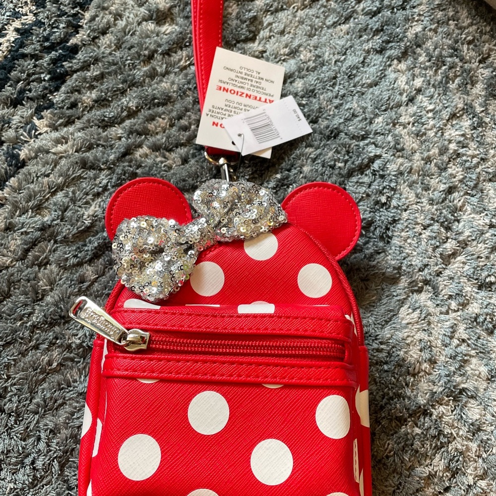 Loungefly Minnie Mouse Red Polka Dot Wristlet with Silver Bow